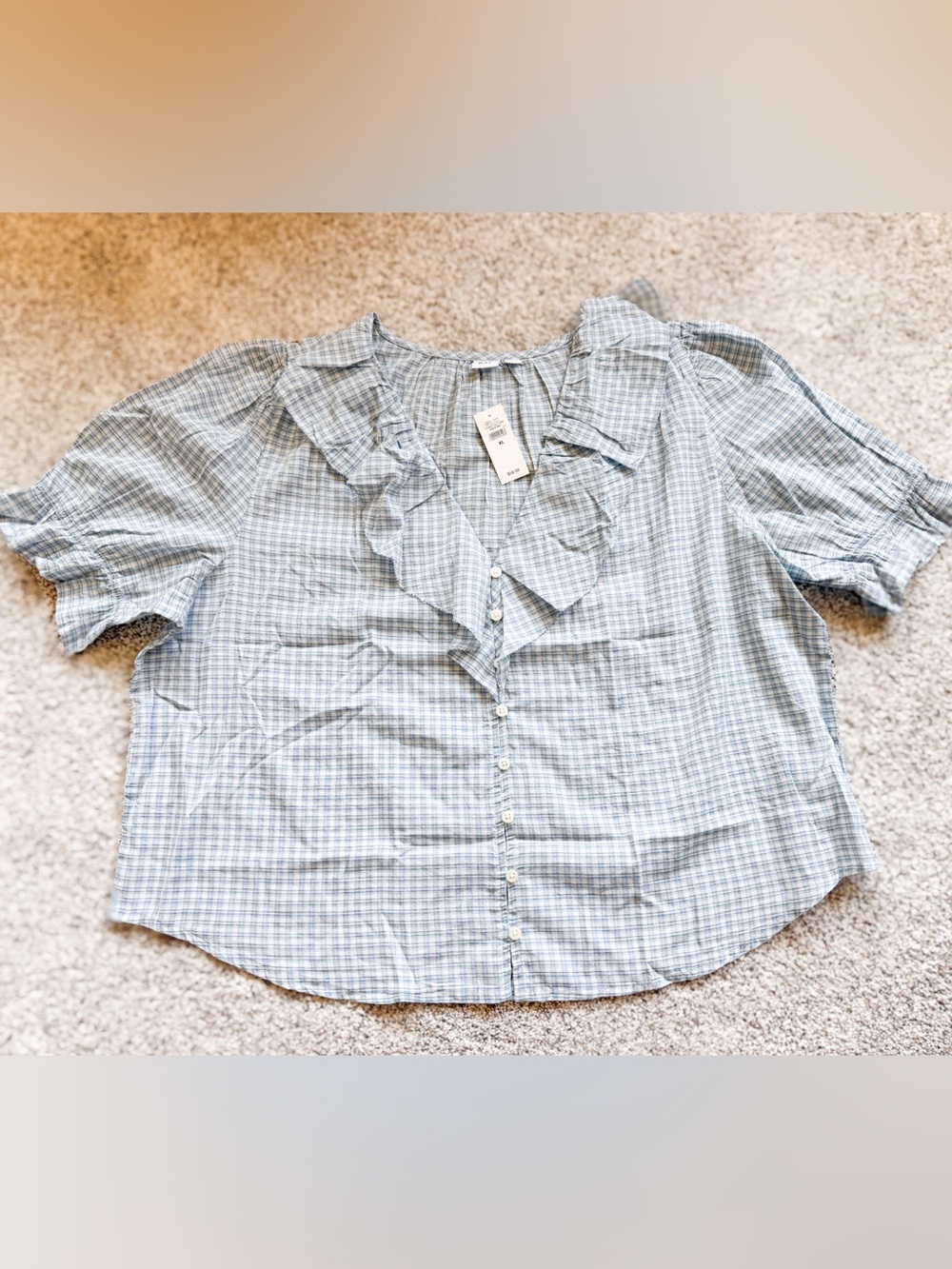 GAP Light Blue Plaid Ruffle Button-Up Blouse XL NEW 100% cotton